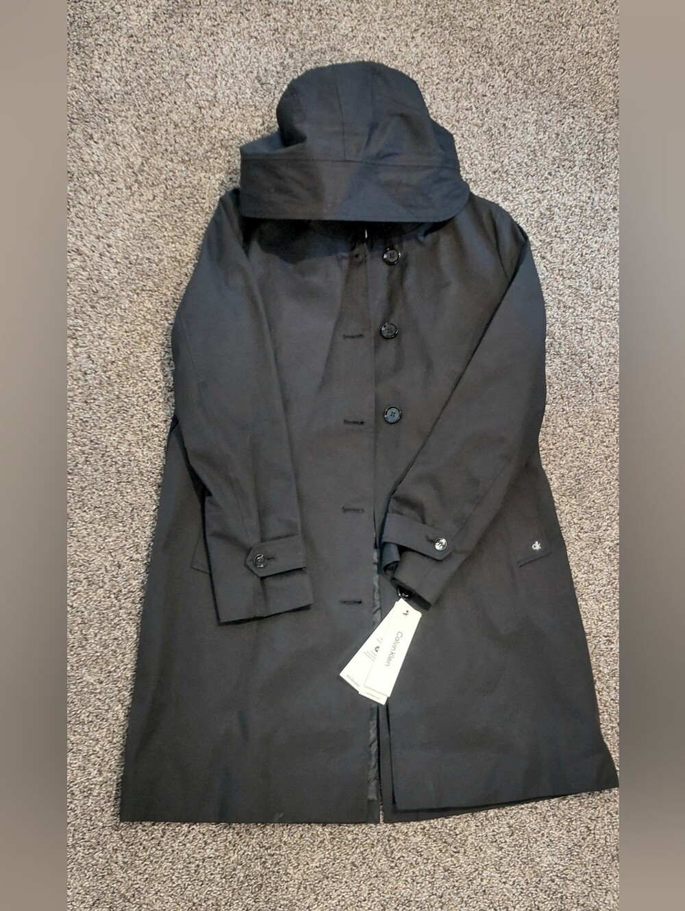 NWT Calvin Klein Black Hooded Raincoat-Sleek Waterproof Trenchcoat Womans Size M